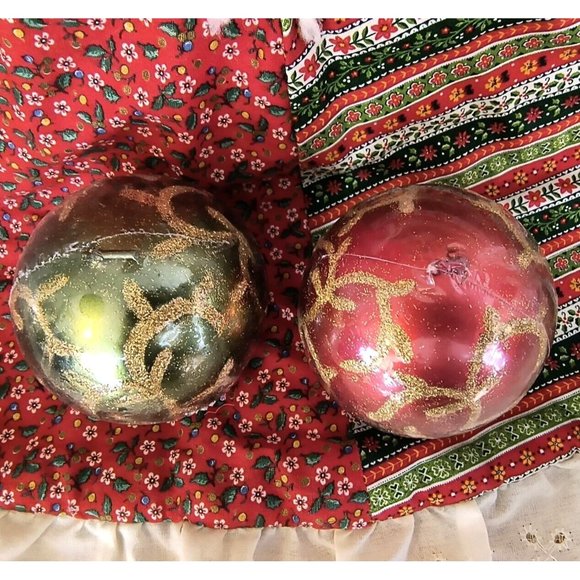 Red and Green Sphere Candles w/ Gold Scroll Glitter, Vintage Candle Decorations - Picture 2 of 10